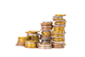 Columns of coins, piles of coins on white background