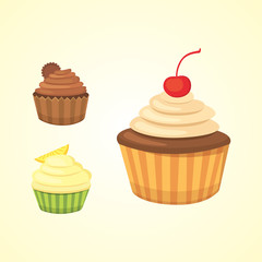 Set of cute vector cupcakes and muffins. Colorful cupcake isolated for food poster design.