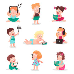Kids watching, listening, photographing and playing with electronic devices, colorful vector Illustrations