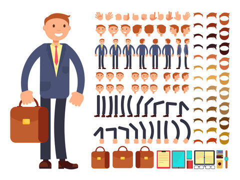 Cartoon businessman customizable vector character set. Constructor of different poses