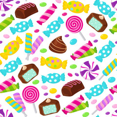 Lollipop caramel candy seamless vector pattern. Assorted sweets endless background