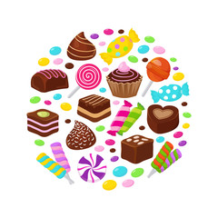 Colourful fruit candies and chocolate sweets flat icons in circle design