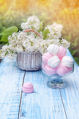 White and pink marshmallows in round glass vase with a basket of delicate white lilac. The horizontal frame.