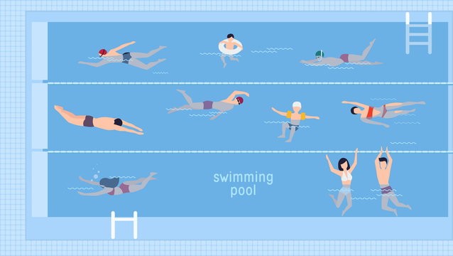 Horizontal Illustration With Swimmers In Swimming Pool. Top View. Various People And Kids In Water, Swim In Different Ways. Colorful Vector Background In Flat Style With Place For Text.