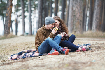 Fototapeta premium Love story of Beautiful happy couple on lake, spring forest.