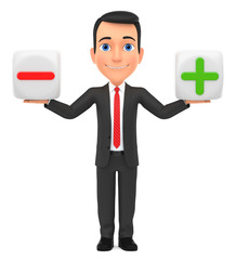 Successful businessman with a plus and a minus on a white background. 3d render illustration.