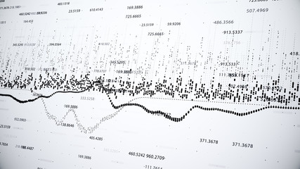 Abstract background with growing charts and flowing counters of numbers with symbols of percent and gain. Financial figures and diagrams showing increasing profits