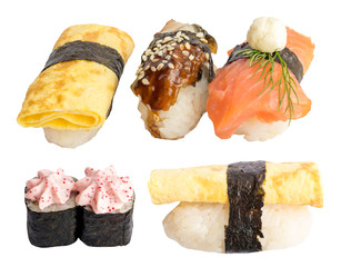 Various Japanese Sushi Isolated on White Background