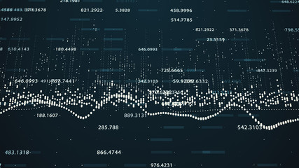 Abstract background with growing charts and flowing counters of numbers with symbols of percent and gain. Financial figures and diagrams showing increasing profits