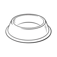 Empty green shiny plastic bowl for pet, cat, dog food, black and white sketch style vector illustration isolated on white background. Hand drawn empty bowl, plate for pet, dog, cat food