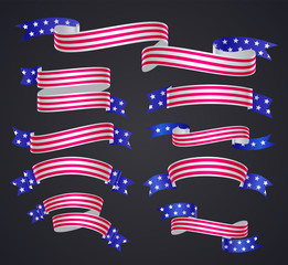 Set of american flag ribbon or banner. USA flag symbol