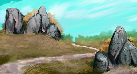 Fototapeta premium drawing of a road between the hills with stones