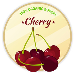 Vintage label with cherry isolated on white background in cartoon style. Vector illustration. Fruit and Vegetables Collection.