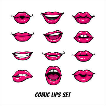 Comic female lips set. Mouth with a kiss, smile, tongue, teeth, open, closed lips. Vector comic illustration in pop art retro style isolated on white background.
