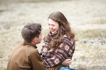 Fototapeta premium Love story of Beautiful happy couple on lake, spring forest.