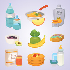 Juices and purees from green apples and broccoli for baby. food for baby cartoon products set.