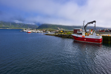 Fredwang, Norwey Picturesque view small harbor on Lofoten islands in Norway