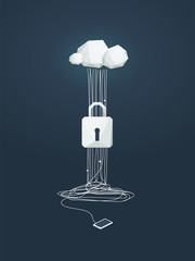 Data protection and cyber security vector concept. Symbol of lock and cloud computing technology as protection from hacking.