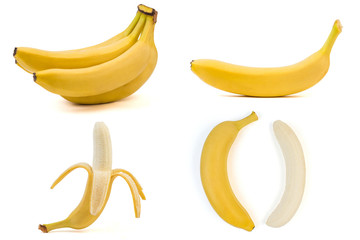 Collection of bananas from different angles on a white background