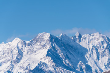 Snowy mountain crests of Mont Blanc in winter above snowy Vallee Blanche Chamonix