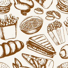 Fast food - one color hand drawn seamless pattern