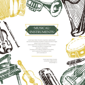 Musical Instruments - color hand drawn postcard template.