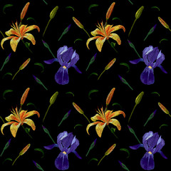 Embroidery seamless pattern fashion design with yellow and blue iris and lily stitched floral illustration