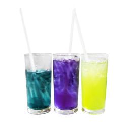 Glasses with Butterfly pea or Blue pea water and lemon grass water with ice isolated on white.