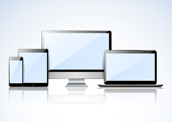 Set of realistic computer monitors, laptops, tablets and mobile phones. Electronic gadgets isolated on transparent background.