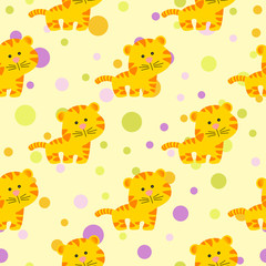 Drawing of a seamless pattern with cute african tiger in cartoon style and multicolored circles on a yellow background