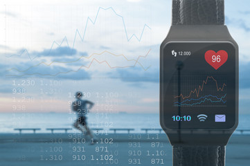 Sport activity tracking and monitoring using a smartphone app. A person running and a empty copy...