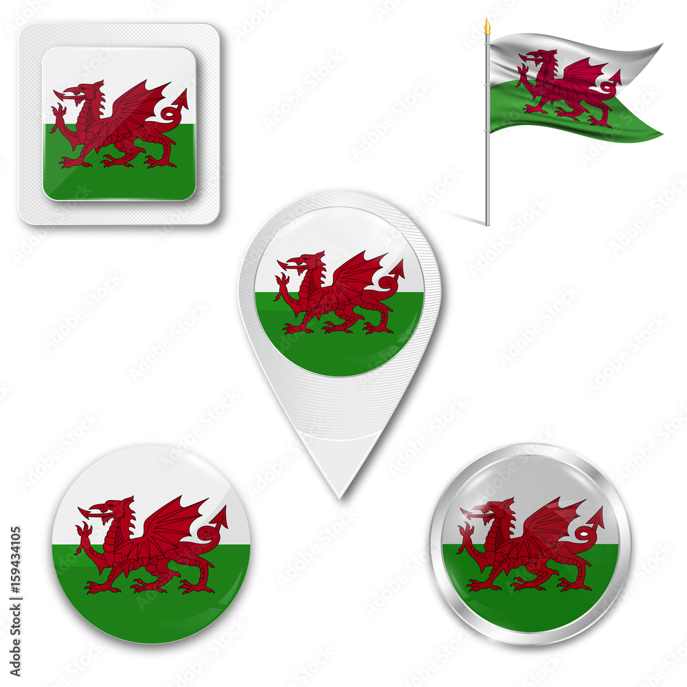 Poster set of icons of the national flag of wales in different designs on a white background. realistic vec