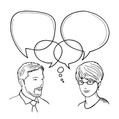 Hand drawn illustration of dialog between man and woman. Human business communication vector concept