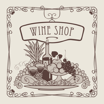 Vector banner for wine shop with a picture of a hand with a tray on which is a still life with two glasses of wine, bottle and fruits in an Art Nouveau style with a curly frame.