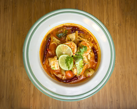 Tom Yam Kung (Thai cuisine), Thai food on wooden background