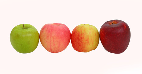 A variety of apples in a row isolated on white background.