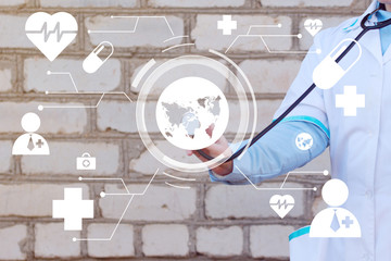 Doctor pushing button map medical virtual healthcare network