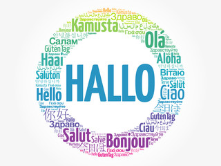 Hallo (Hello Greeting in German) word cloud in different languages of the world, background concept