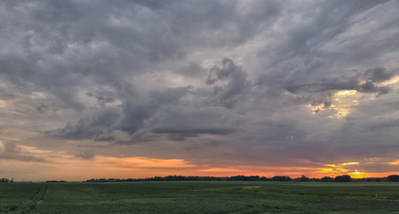 Natural Sunset Sunrise Over Field Or Meadow.