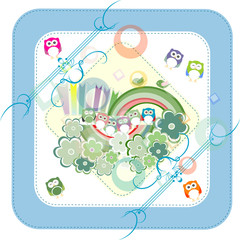 Background with owl, flowers and birds . Invitation card with cute cartoon animal