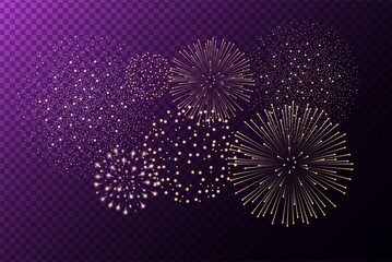 Fireworks isolated on purple transparent background. Independence day concept. Festive and holidays background. Vector illustration