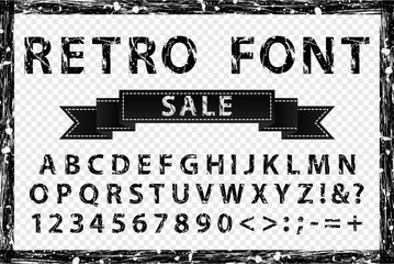 Grunge vintage ink black and white font. Old style letters. Vector illustration