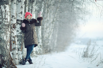 girl winter snow frosty day walk