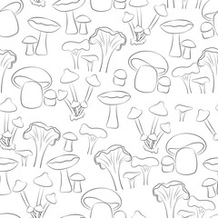 Black mushroom in white background. Seamless pattern.