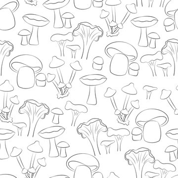 Black mushroom in white background. Seamless pattern.