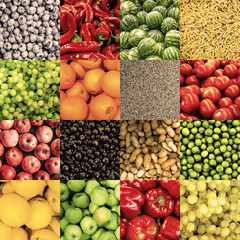 Mix collage of 16 in 1 food background: tomatoes, blueberry, apples, pasta, peas, chili pepper, poppy seeds, oranges, lemons, bell pepper, sultana grapes, watermelons, peanuts retro filtered