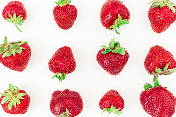 Red tasty strawberry isolated on white background. Flat lay. Top view. Summer background