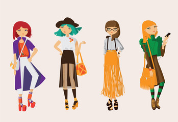 Lovely set young hipster girls drawn in casual street clothes in bright colors. Collection with 4 different characters with glasses, various hairstyle and accessories. Vector hand drawn illustration