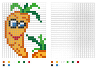 Kids coloring page, pixel coloring with funny carrots. Vector illustration