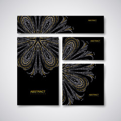 Festive stationery design template with glittering golden and silver paillettes ornament.